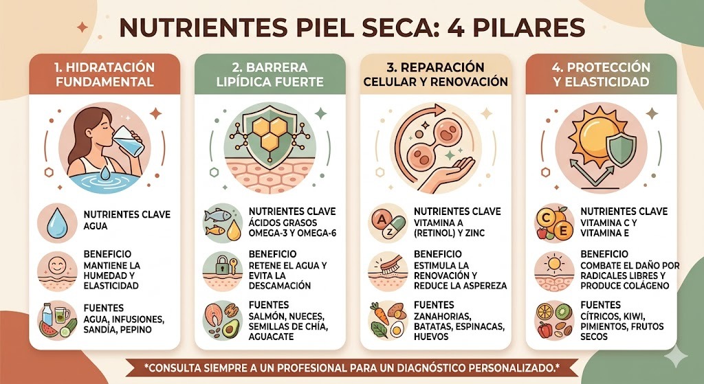 Los 4 nutrientes clave para piel seca: vitamina C constructora de colageno, vitamina A reguladora de barrera, zinc reparador y omega-3 antiinflamatorio, cada uno con su alimento fuente mexicano principal