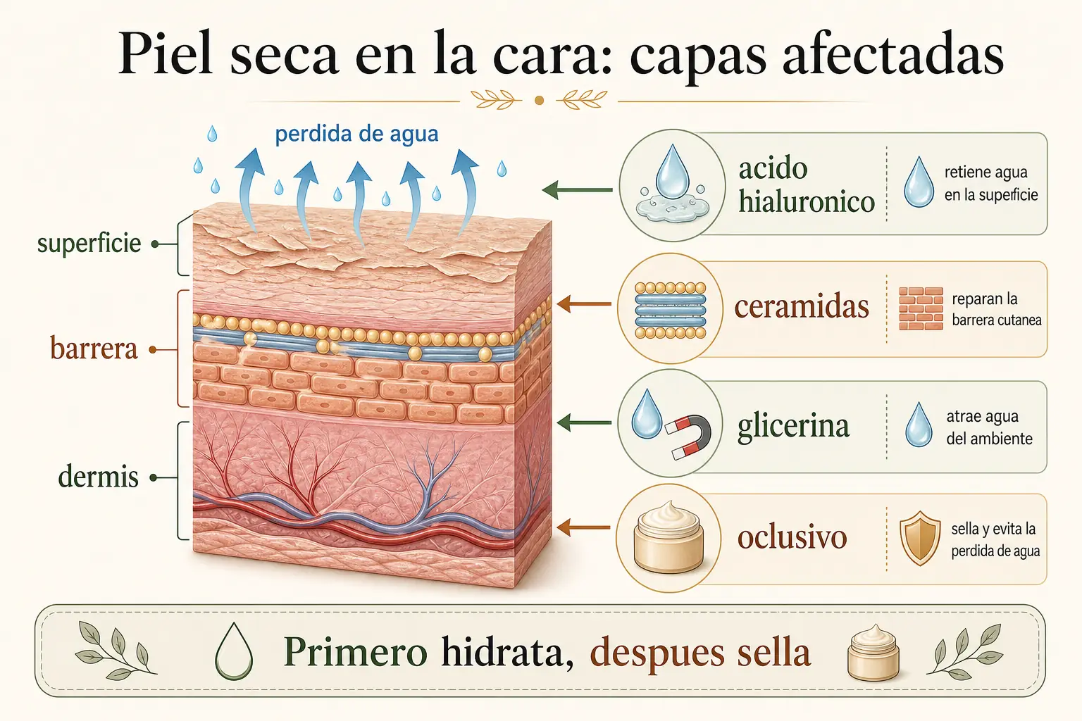 Diagrama de las capas de la piel facial y donde se pierde la hidratación