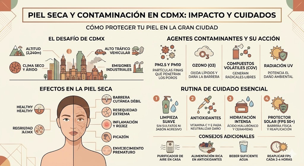 Contaminación y piel seca en CDMX: como el smog, la altitud y la temporada seca danan la barrera cutánea en la capital mexicana