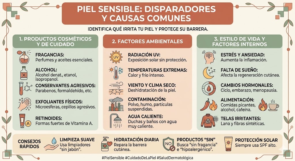 Disparadores que empeoran la piel sensible y seca con alternativas seguras