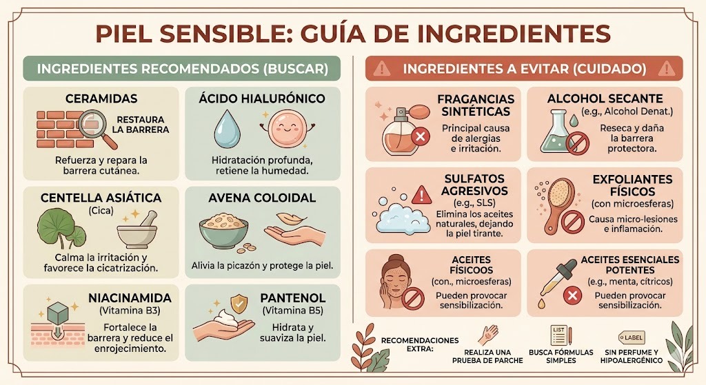 Ingredientes seguros para piel sensible y seca: ceramidas, niacinamida, ácido hialurónico y avena coloidal