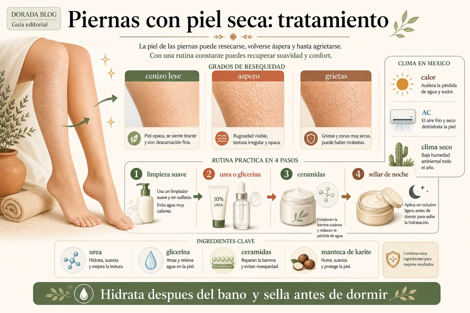 Tratamiento para piernas con piel seca y ceniza: grados de resequedad, ingredientes como urea y ceramidas, y rutina de hidratación
