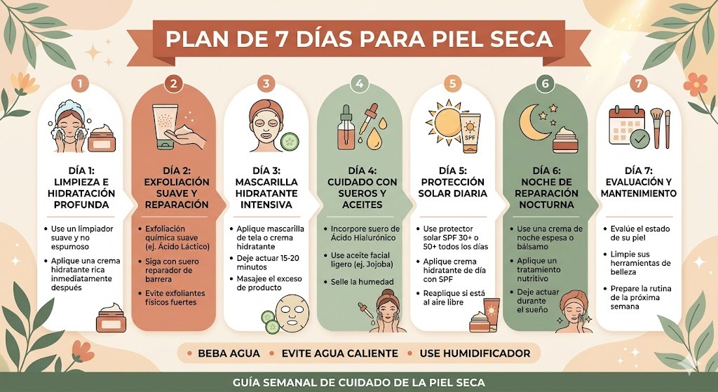Plan semanal de 7 días para piel seca con alimentos mexicanos: cada dia muestra desayuno, comida y cena con iconos de frutas vitamina C, leguminosas, pescado omega-3 y vegetales coloridos. Calendario visual con guayaba, frijoles, sardinas, lentejas, nopales y chia como protagonistas