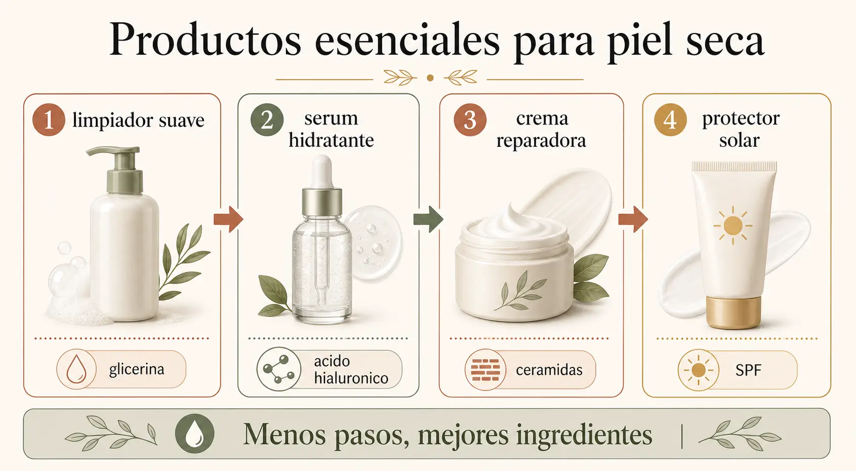 Productos esenciales seguros para piel sensible y seca: limpiadores, cremas y protectores solares sin irritantes