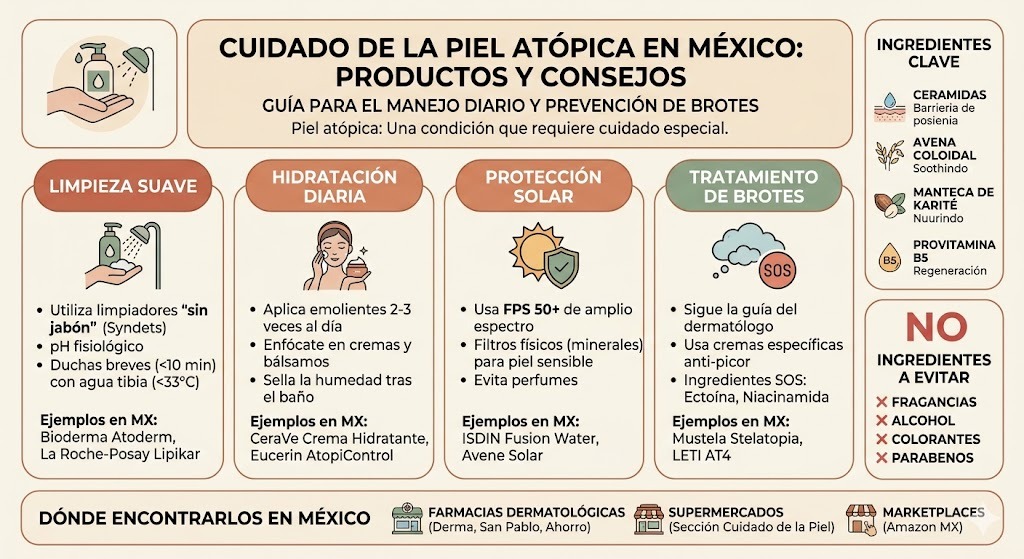Guía de productos para piel atópica disponibles en farmacias mexicanas con precios y puntos de venta