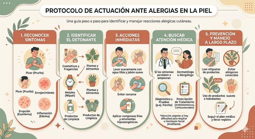 Protocolo de tratamiento para alergia en la piel según severidad: comezón leve, moderada y severa con productos recomendados
