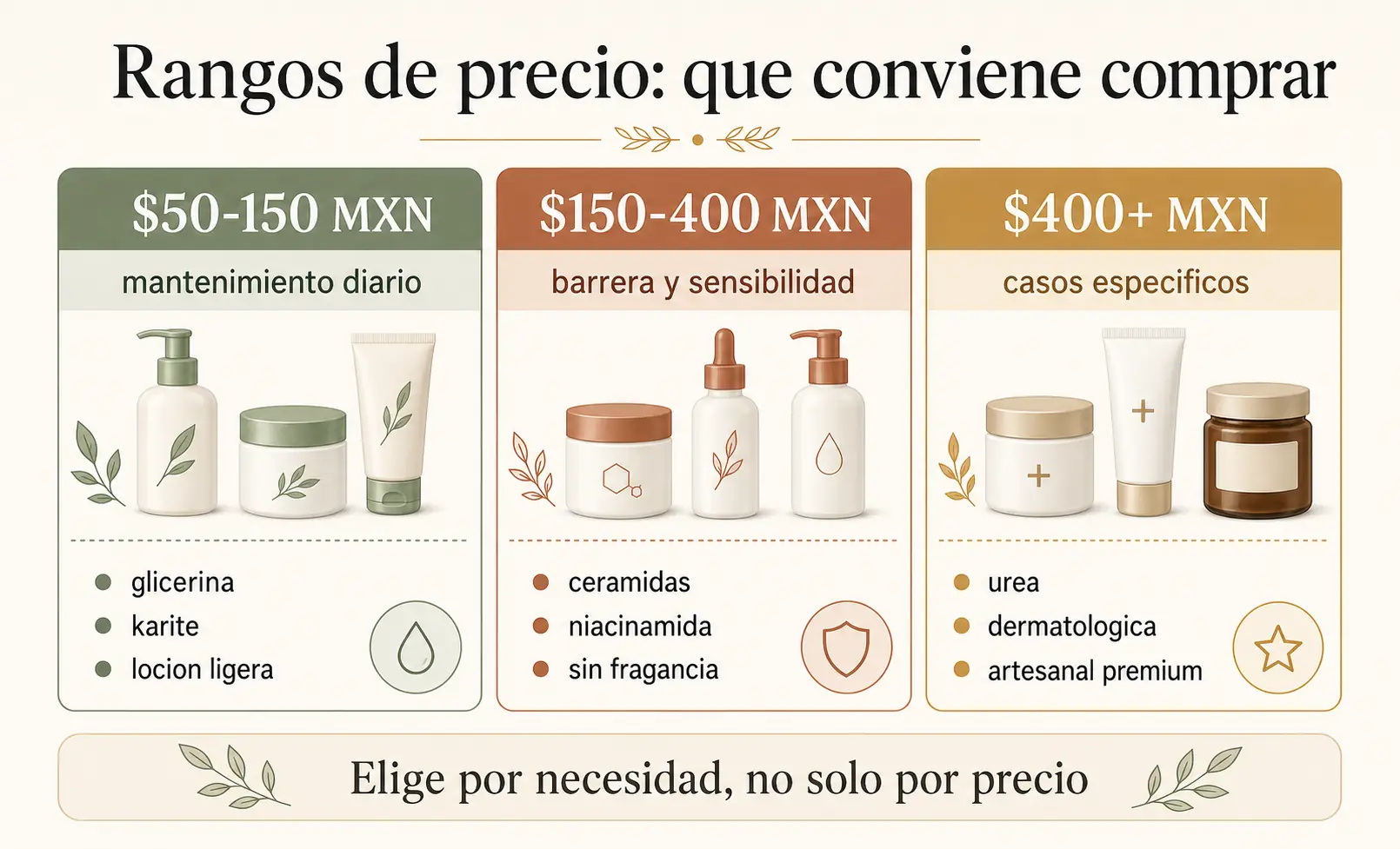 Rangos de precio para comprar crema para piel seca en México: mantenimiento diario, barrera y sensibilidad, casos especificos