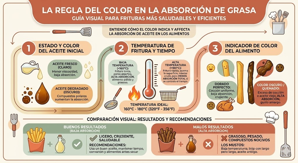 Diagrama de la regla color más grasa para absorción de nutrientes: zanahoria con aguacate, jitomate con aceite, verdolagas con frijoles, papaya con chia. Muestra como los carotenoides liposolubles se absorben mejor con una fuente de grasa