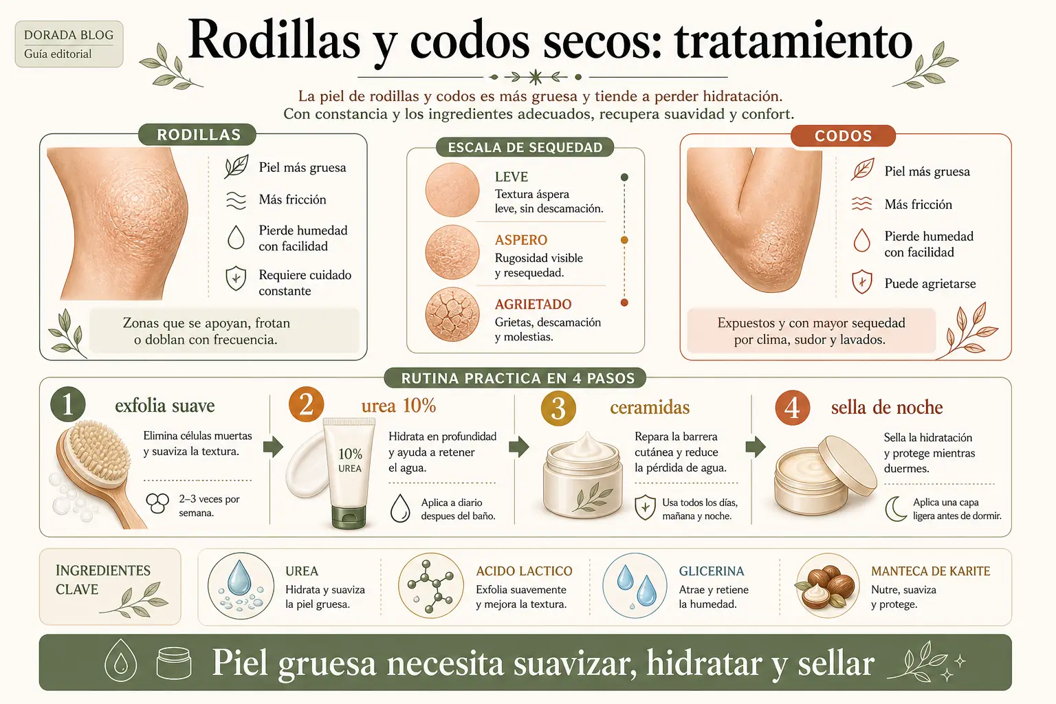 Tratamiento para codos y rodillas secos: ingredientes activos como urea, ácido lactico y manteca de karite con rutina de reparación
