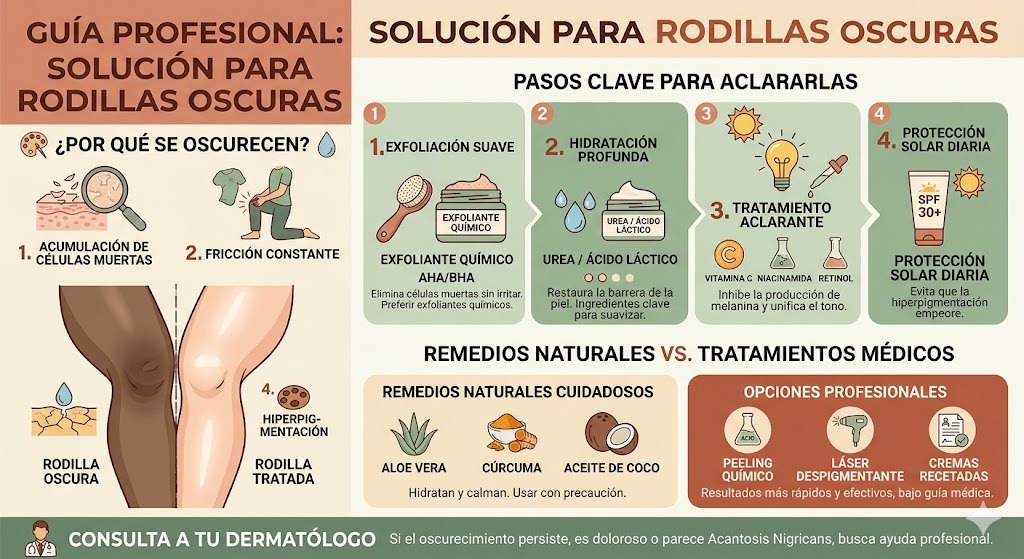 Solución para rodillas oscuras y cenizas: grados de oscurecimiento, ingredientes exfoliantes y rutina de aclarado progresivo