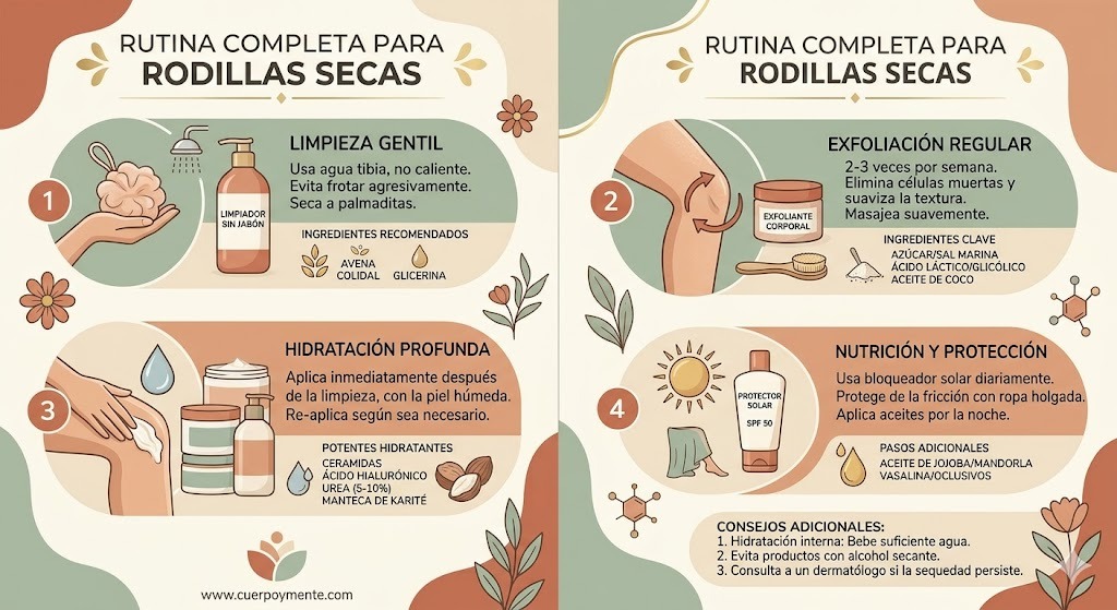 Rutina paso a paso para rodillas secas y oscuras con resultados progresivos por semana