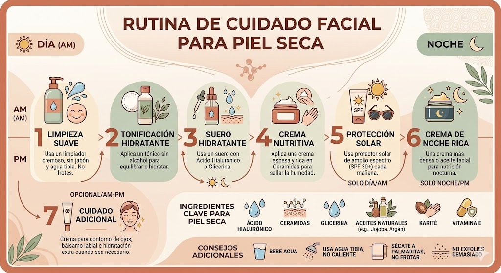 Rutina facial para piel seca en México: pasos de manana y noche con productos adaptados al clima y tipo de piel