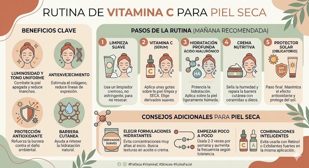 Orden de aplicación del serum de vitamina C en rutina de piel seca: limpieza, serum, hidratante y protector solar