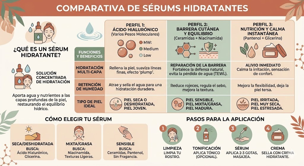Comparativa de serums hidratantes para piel seca: ácido hialurónico, vitamina B5 y ceramidas con ingredientes clave