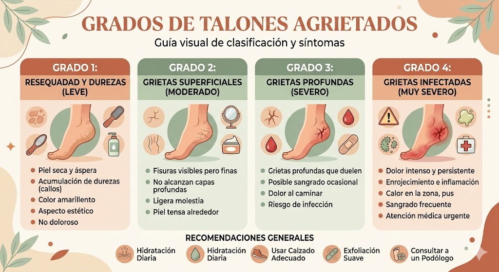 Grados de agrietamiento en talones: desde resequedad leve hasta grietas profundas con tratamiento específico para cada nivel