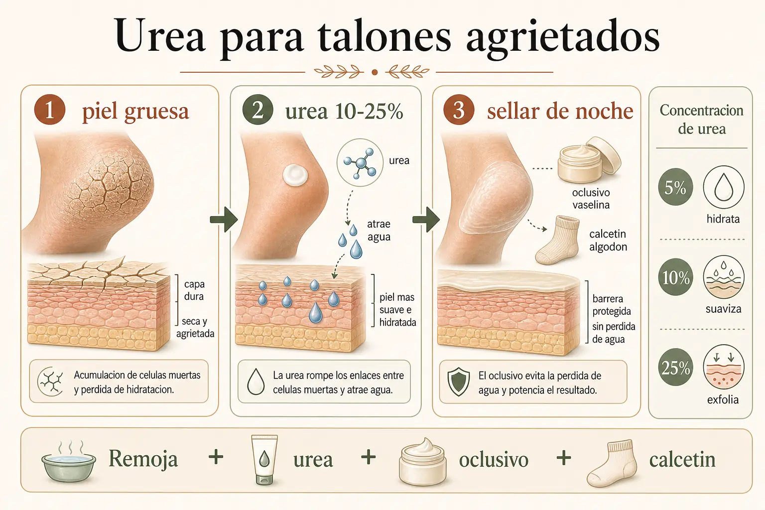 Acción de la urea en talones agrietados: concentraciones recomendadas y resultados esperados