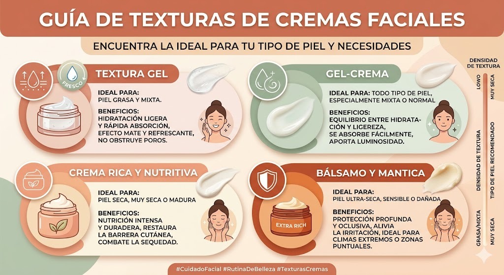 Guia de texturas de crema facial: gel, crema ligera, crema rica y balsamo para diferentes tipos de piel seca