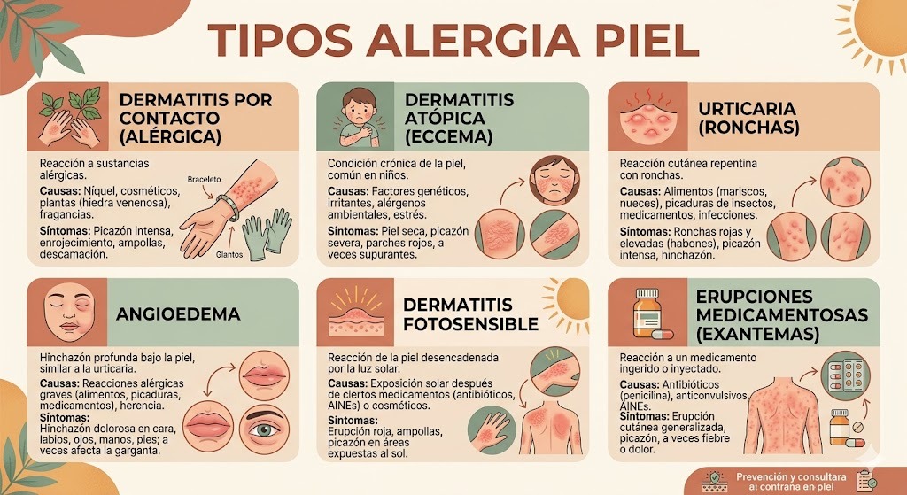 Tipos de reacciones alergicas en la piel: dermatitis de contacto, urticaria, dermatitis atópica y sus características visuales