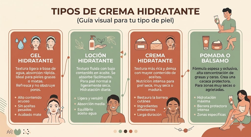 Tipos de crema hidratante para piel seca: humectantes, emolientes, oclusivos y reparadores con sus funciones