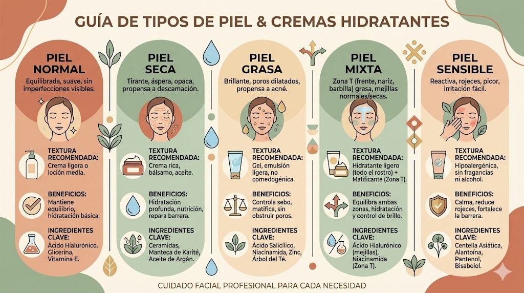 Guía visual de tipos de piel y la crema hidratante adecuada para cada uno