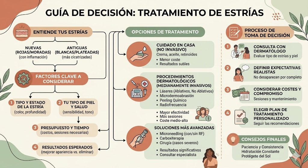 Arbol de decision para tratamiento de estrias: prevención durante embarazo, tratamiento de estrias rojas y opciones para estrias blancas