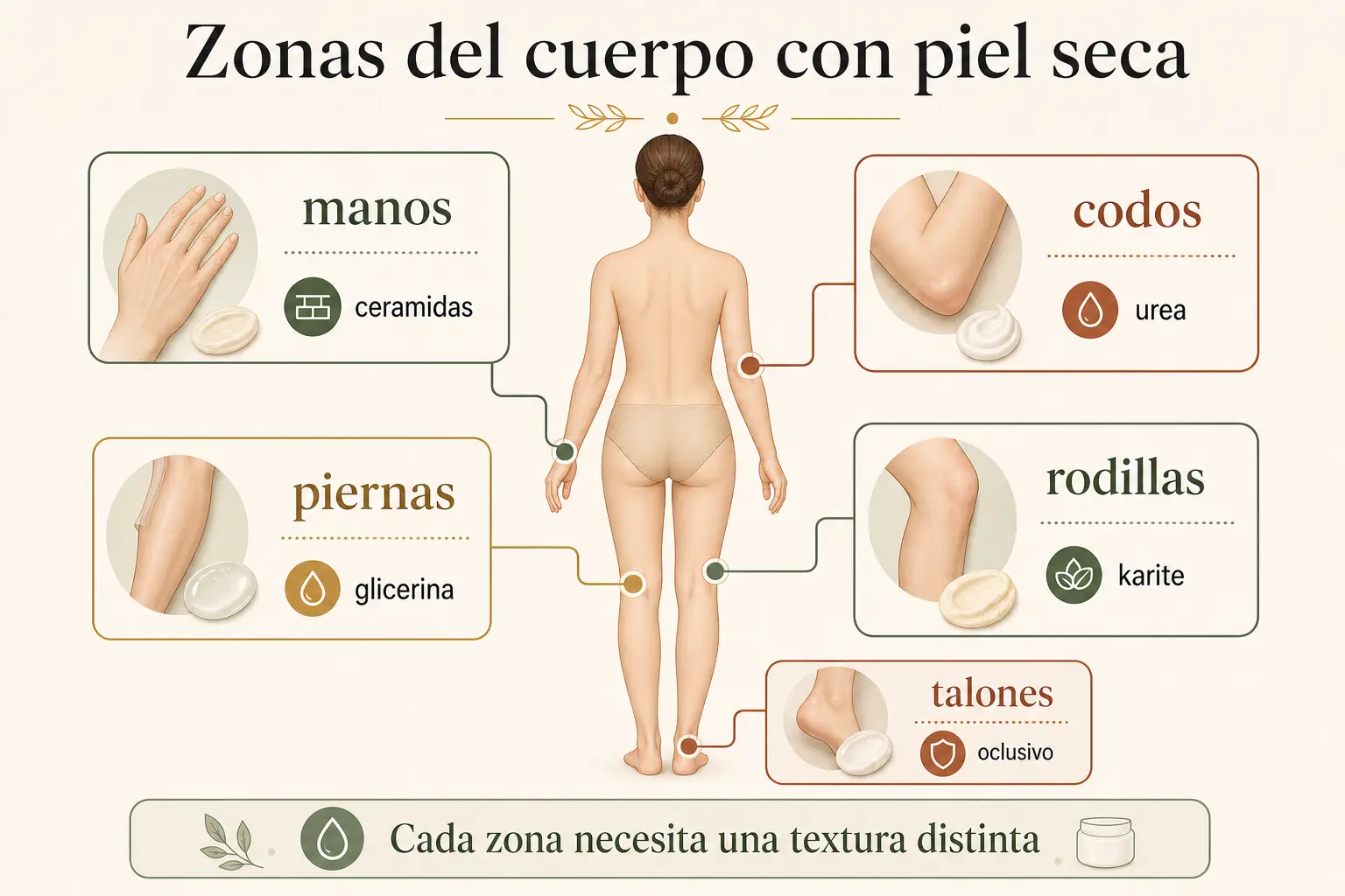 Zonas del cuerpo más propensas a resequedad e ingredientes clave para cada una
